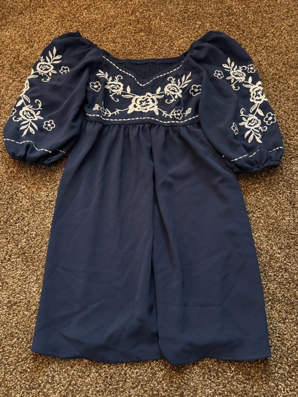 Embroidered White and Navy Blue Dress